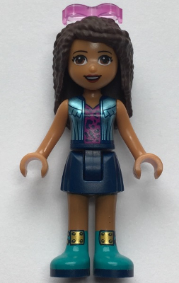 Andrea, Dark Blue Skirt, Shiny Blue Vest over Magenta Top, Sunglasses
